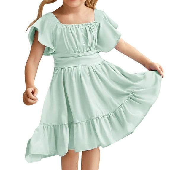 Eltusu Girls Dresses, Short Sleeve Crew Neck Fashion Bow Summer Dress Mint Green Size 14-15 T
