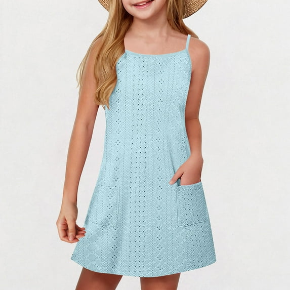 Eltusu Girls Dresses, Solid Color Casual Crewneck Sleeveless Summer Clothes Light Blue Size 11-12 T