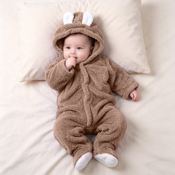 Eltusu Girls Fleece Bodysuit with Hood, Long Sleeve Zip up Comfort Warm Winter Romper Khaki Size 3-6 Months