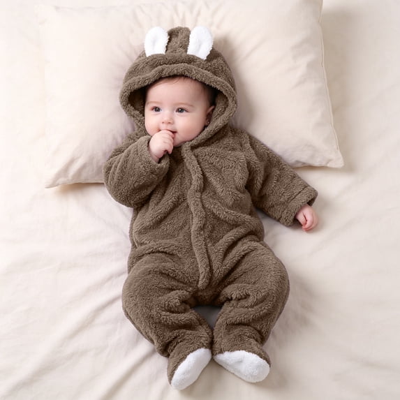 Eltusu Girls Fleece Bodysuit with Hood, Zip up Long Sleeve Warm Comfort Winter Romper Coffee Size 3-6 Months