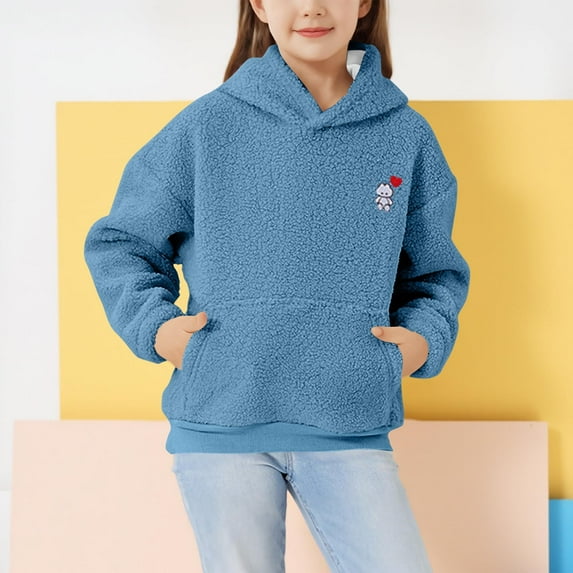 Eltusu Girls Fleece Hoodies, Pullover Thermal Soft Long Sleeve Sweatshirts with Pockets Blue Size 11-12 T