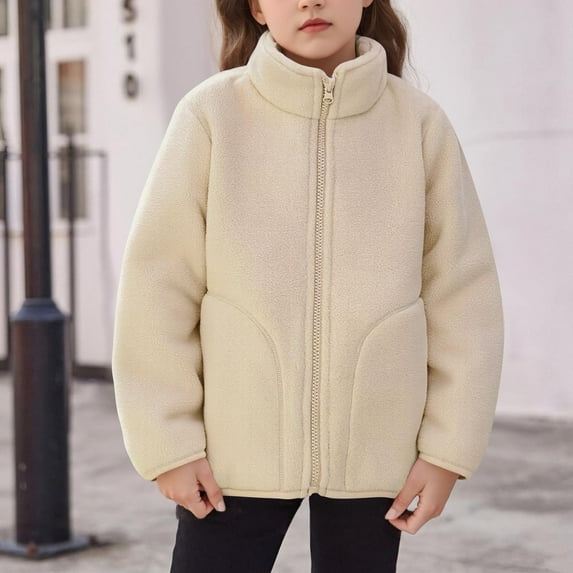 Eltusu Girls Fleece Jackets, Thermal Full Zip Stand-up Collar Soft Outerwear with Pockets Coffee Size 7-8 T