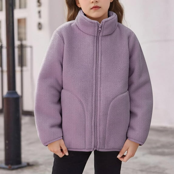 Eltusu Girls Fleece Jackets, Thermal Stand-up Collar Full Zip Soft Outerwear with Pockets Purple Size 13-14 T