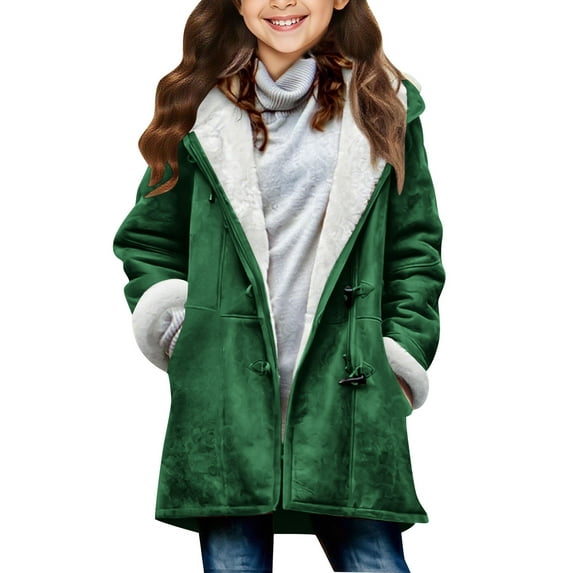 Eltusu Girls Fleece Jackets, Warm Windproof Soft Hooded Winter Outerwear with Zipper Green Size 5-6 T