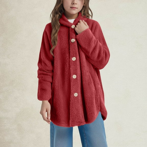 Eltusu Girls Fleece Jackets with Button, Warm Hooded Soft Mid-Length Winter Outerwear Red Size 9-10 T
