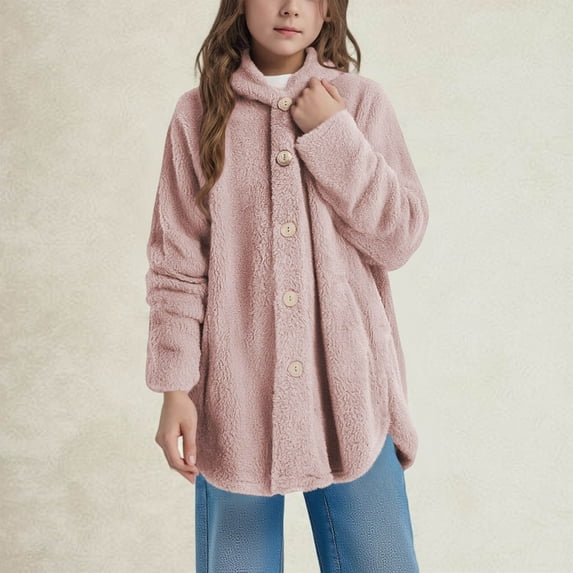 Eltusu Girls Fleece Jackets with Button, Warm Mid-Length Soft Hooded Winter Outerwear Pink Size 7-8 T