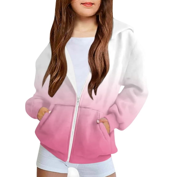 Eltusu Girls Full Zip Hoodies, Long Sleeve Casual Loose Fit Gradient Girls Outerwears Pink Size 4-12 T