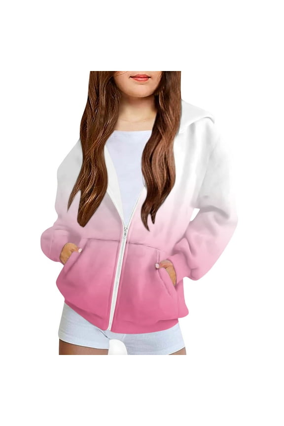 Girls Full Zip Hoodies, Long Sleeve Loose Fit Casual Gradient Girls Outerwears Pink Size 8-9 T