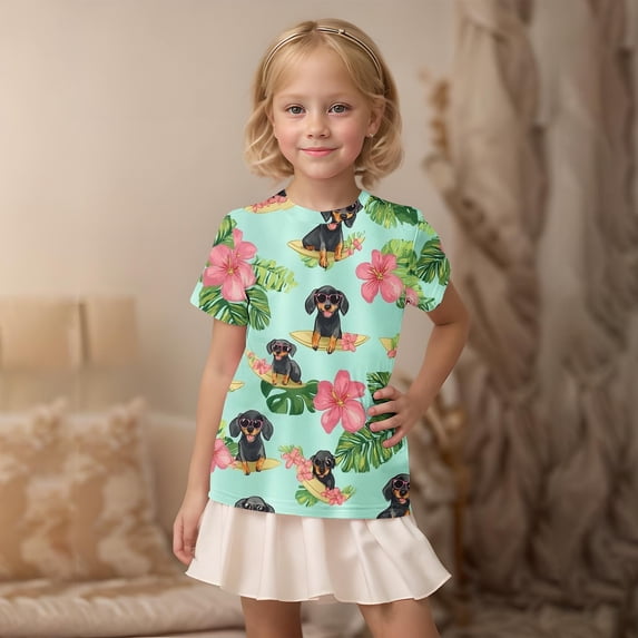 Eltusu Girls Graphic Tee, Casual Pullover Short Sleeve Crewneck Kids T-shirts Army Green Size 5-6 T