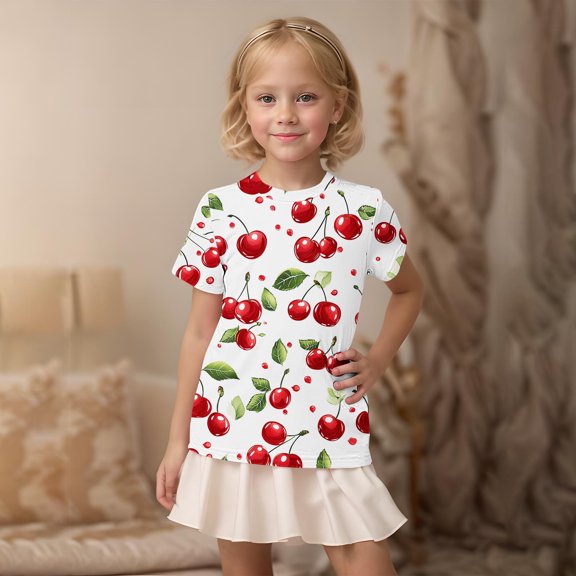 Eltusu Girls Graphic Tee, Crew Neck Pullover Short Sleeve Casual Kids T-shirts Red Size 5-6 T