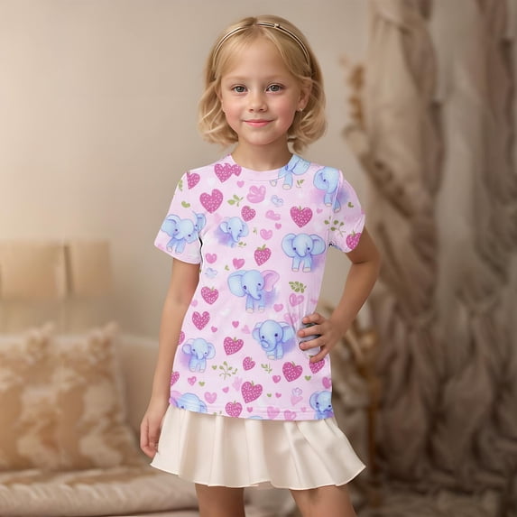 Eltusu Girls Graphic Tee, Pullover Casual Short Sleeve Crewneck Kids T-shirts Purple Size 5-6 T