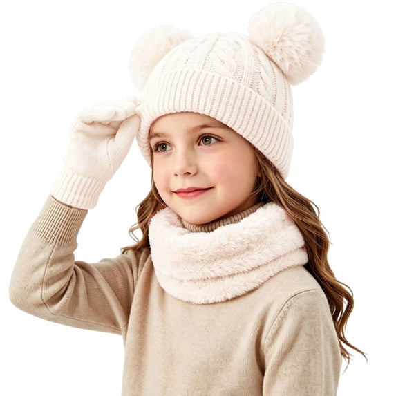 Eltusu Girls Hats Scarves Gloves Sets, 3 Pieces Knitted Thermal Outdoor Beanies Scarves Mittens Sets White Size 2-10 T