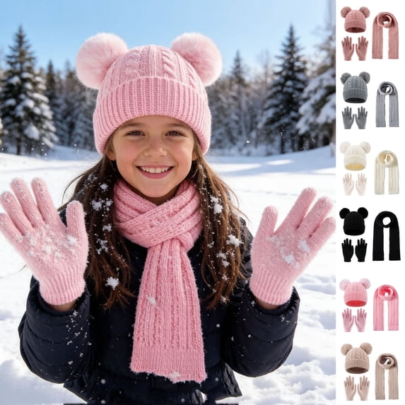 Eltusu Girls Hats Scarves Gloves Sets, Knitted Warm Three Pieces Ski Beanies Scarves Mittens Sets Pink Size 3-12 T