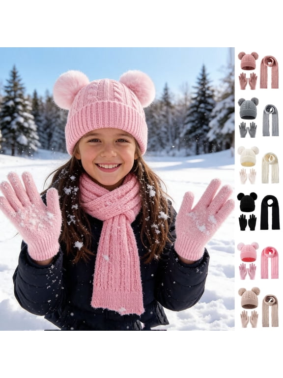 Girls Hats Scarves Gloves Sets, Knitted Warm Three Pieces Ski Beanies Scarves Mittens Sets Pink Size 3-12 T