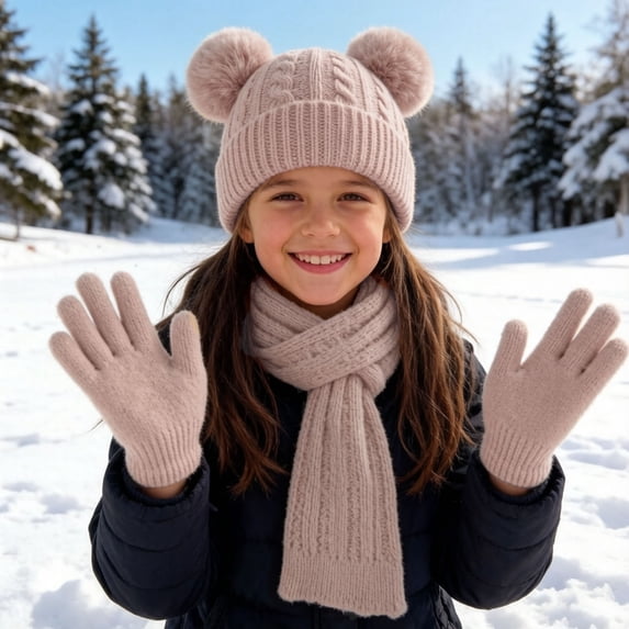 Eltusu Girls Hats Scarves Gloves Sets, Ski Three Pieces Warm Knitted Beanies Scarves Mittens Sets Khaki Size 3-12 T
