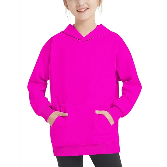 Eltusu Girls Hoodies, Casual Solid Color Fashion Long Sleeve Pullover Sweatshirts Hot Pink Size 13-14 T
