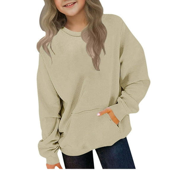 Eltusu Girls Hoodies, Loose Fit Solid Color Casual Pullover Long Sleeve Sweatshirts Beige Size 5-6 T