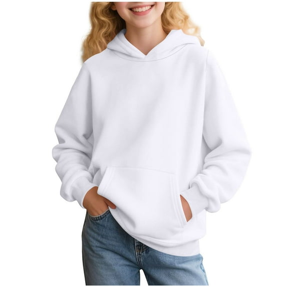 Eltusu Girls Hoodies, Pullover Long Sleeve Loose Solid Color Girls Sweatshirts White Size 6 T