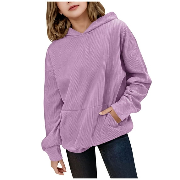 Eltusu Girls Hoodies with Pockets, Casual Solid Color Pullover Long Sleeve Girls Sweatshirts Purple Size 4-15 T