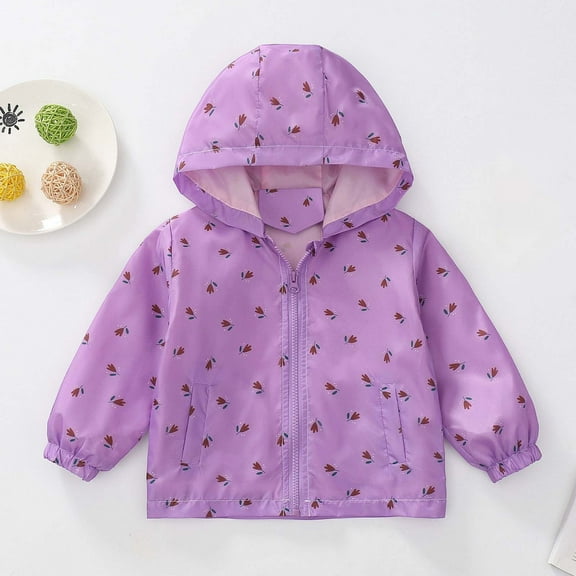 Eltusu Girls Jackets, Windproof Lightweight Waterproof Hooded Outerwear with Pockets Purple Size 5 T
