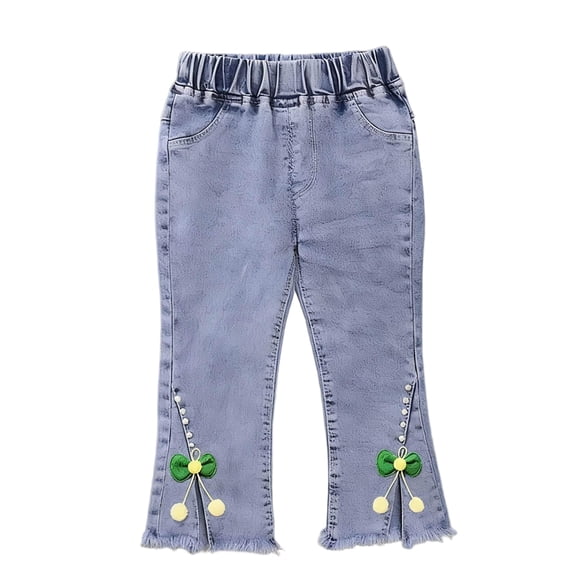 Eltusu Girls Jeans, Casual Flare Legs Breathable Elastic Waist Denim Pants with Pockets Light Blue Size 5-6 T
