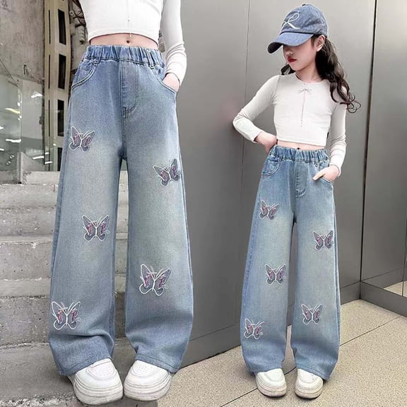 Eltusu Girls Jeans, Relaxed Fit Wide Leg Stretchy Elastic Waist Denim Pants Blue Size 4-15T