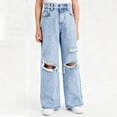 thumbnail image 1 of Eltusu Girls Jeans, Ripped Relaxed Fit Straight Leg Elastic Waist Denim Pants Blue Size 12-13T, 1 of 8