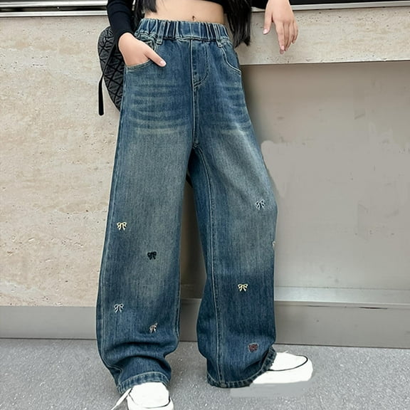 Eltusu Girls Jeans, Stretch Straight Leg Relaxed Fit Elastic Waist Denim Pants Blue Size 7-8 T