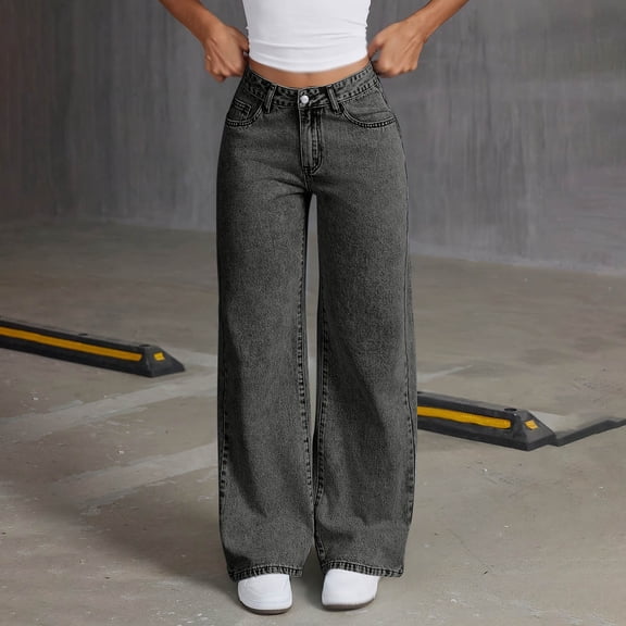 Eltusu Girls Jeans with Pockets, Elastic Waist Solid Color Loose Fit Wide Leg Denim Pants Dark Gray Size 8-9 T