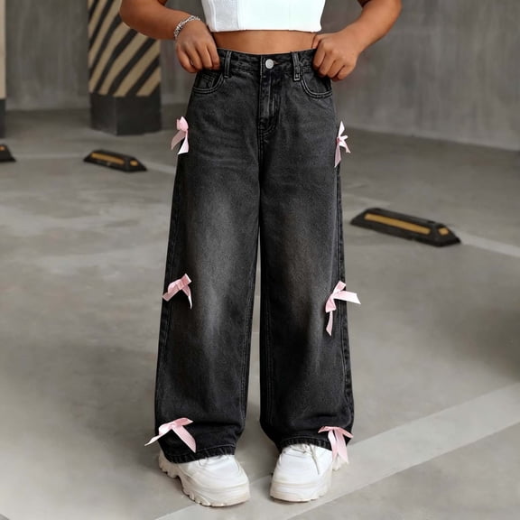 Eltusu Girls Jeans with Pockets, Elastic Waist Wide Leg Loose Fit Bow Denim Pants Black Size 8-9T