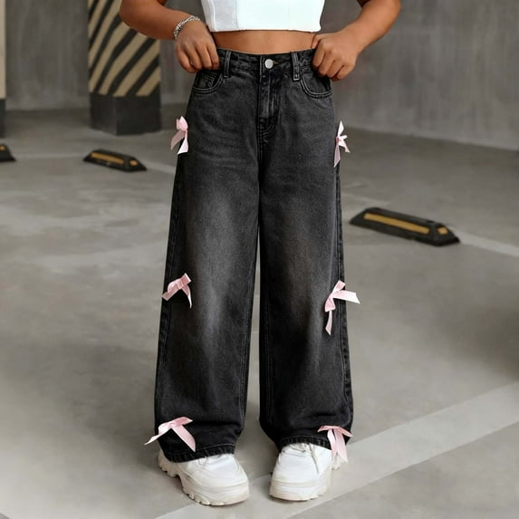 Eltusu Girls Jeans with Pockets, Loose Fit Elastic Waist Bow Wide Leg Denim Pants Black Size 6-13T