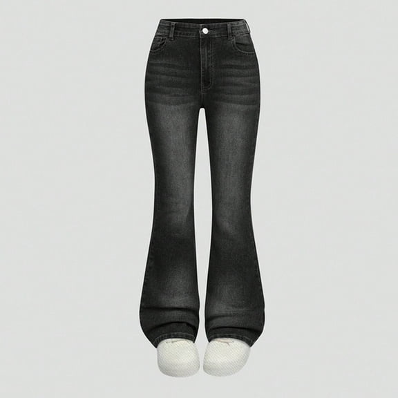 Eltusu Girls Jeans with Pockets, Stretch Elastic Waist Slim Fit Fare Leg Denim Pants Black Size 6-7T