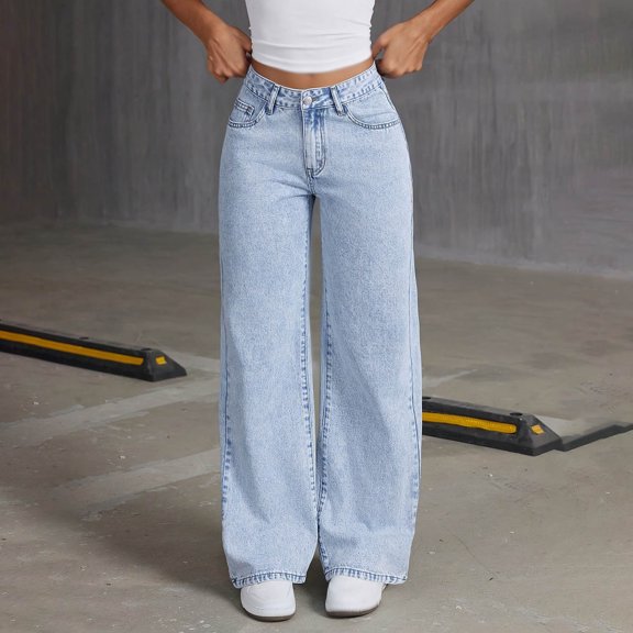 Eltusu Girls Jeans with Pockets, Wide Leg Solid Color Loose Fit Elastic Waist Denim Pants Blue Size 8-9 T