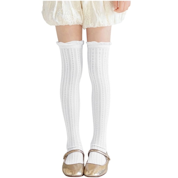 Eltusu Girls Knee-High Socks, Tight Knitting Cotton Casual Stretchy Dance Socks White Size 3-10T