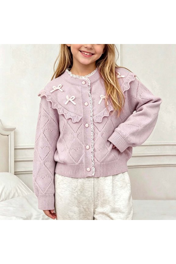 Girls Knit Cardigans, Button Princess Long Sleeve Warm School Uniform Sweaters Hot Pink Size 4-5 T