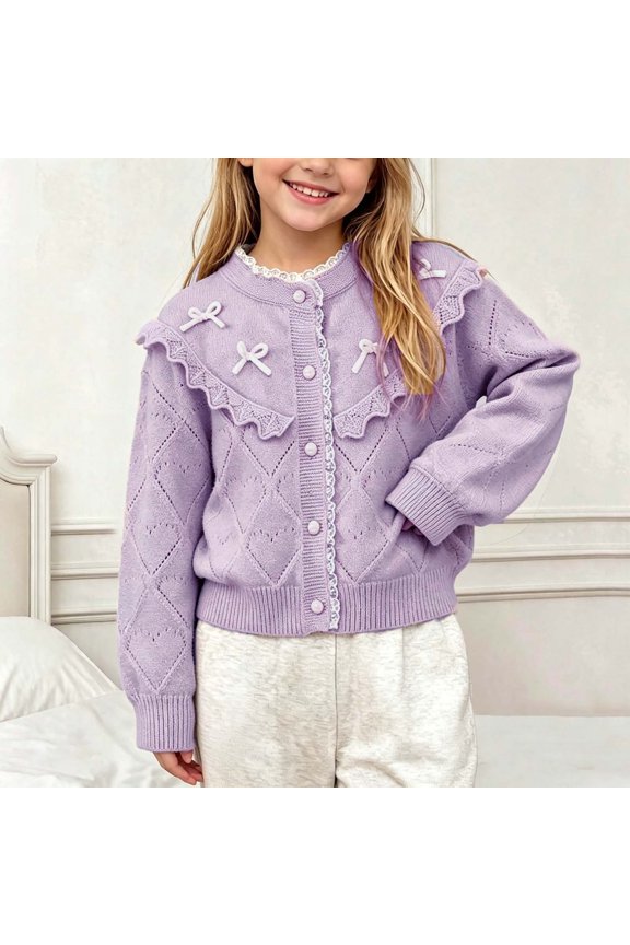 Girls Knit Cardigans, Long Sleeve Warm Princess Button School Uniform Sweaters Purple Size 1-2 T