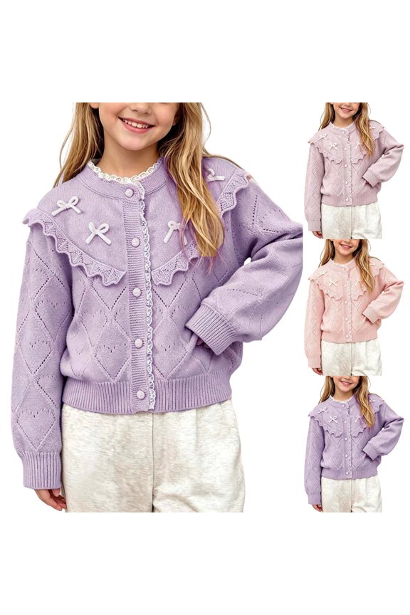 Girls Knit Cardigans, Princess Button Warm Long Sleeve School Uniform Sweaters Purple Size 6-7 T