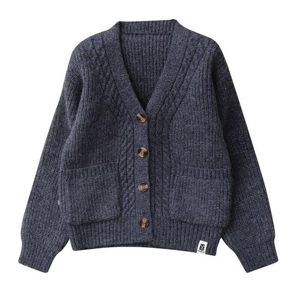 Eltusu Girls Knitted Cardigans , Thermal Soft V-Neck Long Sleeve Kids Sweaters Dark Blue Size 9-10 T