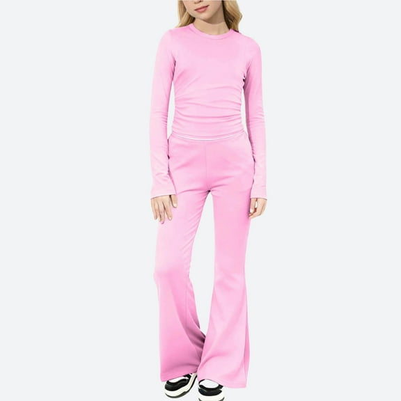 Eltusu Girls Knitting Cotton Outfit Sets, Long Sleeve Elastic Waist Solid Color Two Pieces Blouses and Pants Sets Pink Size 11-12T