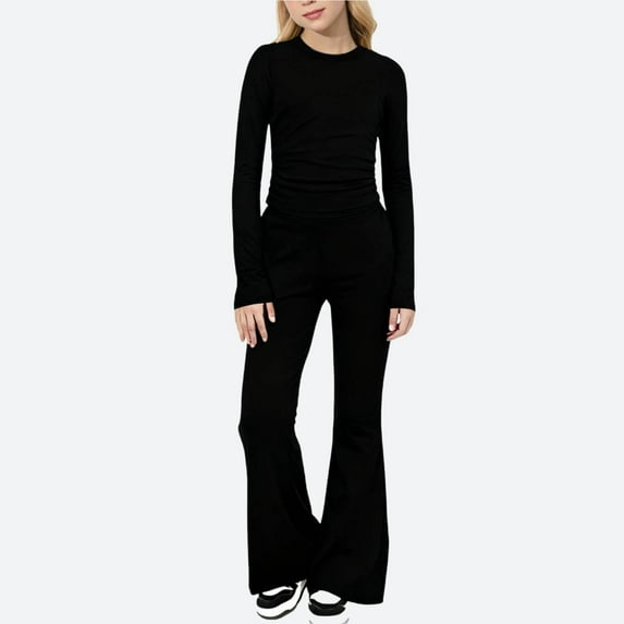 Eltusu Girls Knitting Cotton Outfit Sets, Two Pieces Elastic Waist Long Sleeve Solid Color Blouses and Pants Sets Black Size 8-9T