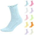thumbnail image 1 of Eltusu Girls Knitting Cotton Socks, Breathable Comfort Ruffle Hem Stretch Mid-Calf Socks Light Blue Size 8T, 1 of 6