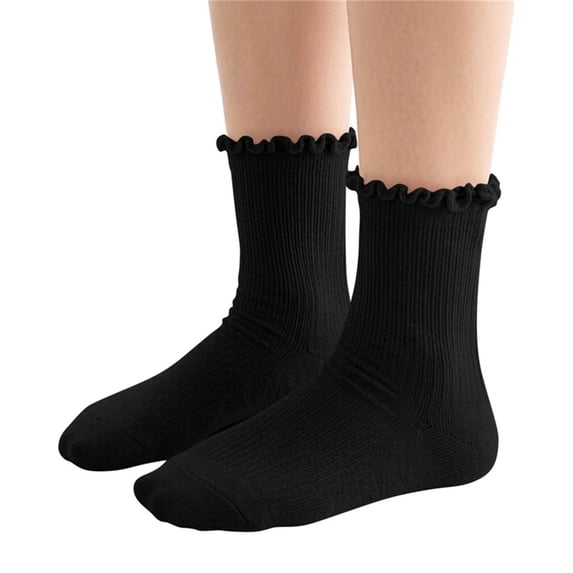 Eltusu Girls Knitting Cotton Socks, Comfy Stretch Ruffle Hem Breathable Mid-Calf Socks Black Size 9-12 T