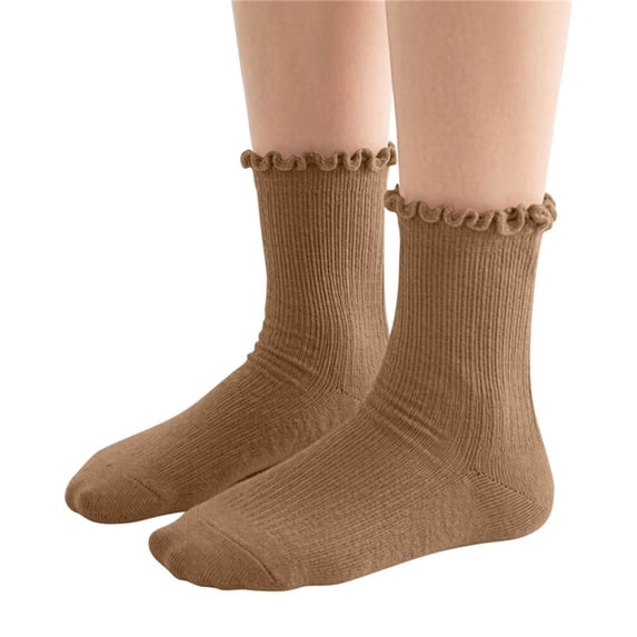 Eltusu Girls Knitting Cotton Socks, Comfy Stretch Ruffle Hem Breathable Mid-Calf Socks Khaki Size 6-8T