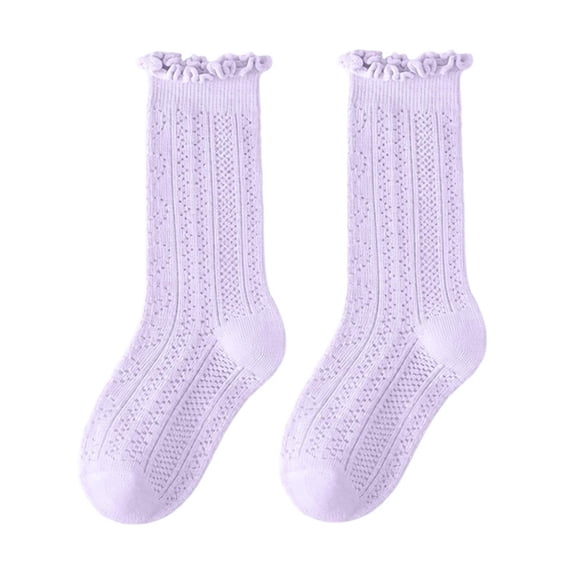 Eltusu Girls Knitting Cotton Socks, Stretch Ruffle Hem Comfort Breathable Mid-Calf Socks Purple Size 1-3T
