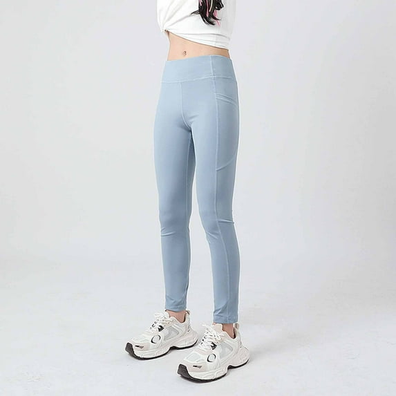 Eltusu Girls Leggings, Casual Elastic Waist Solid Color Athletic Spring Pants Blue Size 14-15 T