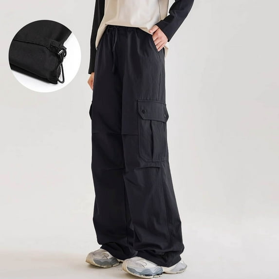 Eltusu Girls Cargo Pants, Loose Fit Elastic Waist Multi-Pockets Solid Color Athletic Pants Black Size 7-8 T