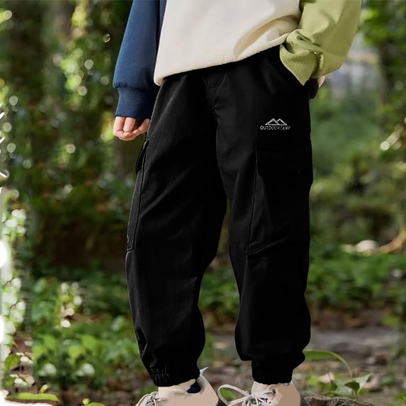 Eltusu Boys Cargo Pants, Loose Fit Outdoor Multi-Pockets Elastic Bottom Sports Joggers Black Size 9-10 T