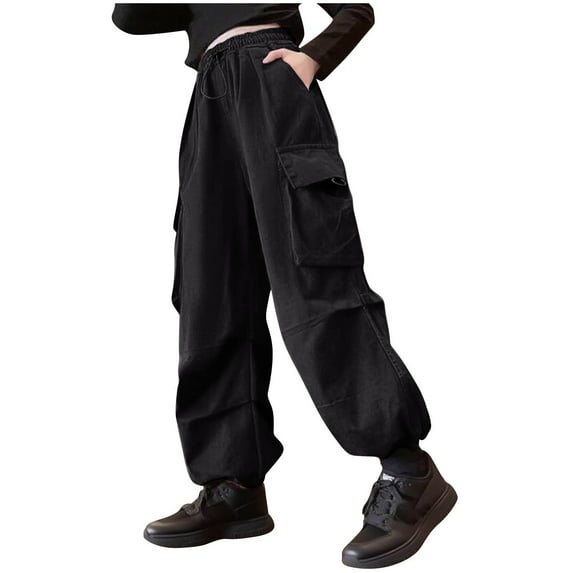 Eltusu Girls Cargo Pants, Running Loose Fit Elastic Bottom Multi-Pockets Sports Joggers Black Size 7-8 T