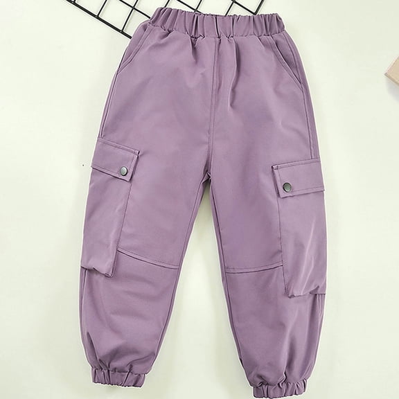 Eltusu Girls Winter Cargo Pants, Multi-Pockets Thermal Elastic Bottom Soft Sports Joggers Purple Size 8-10T