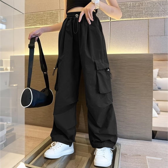 Eltusu Girls Cargo Pants, Wide leg Loose Fit Elastic Waist Multi-Pockets Athletic Pants Black Size 5-6 T